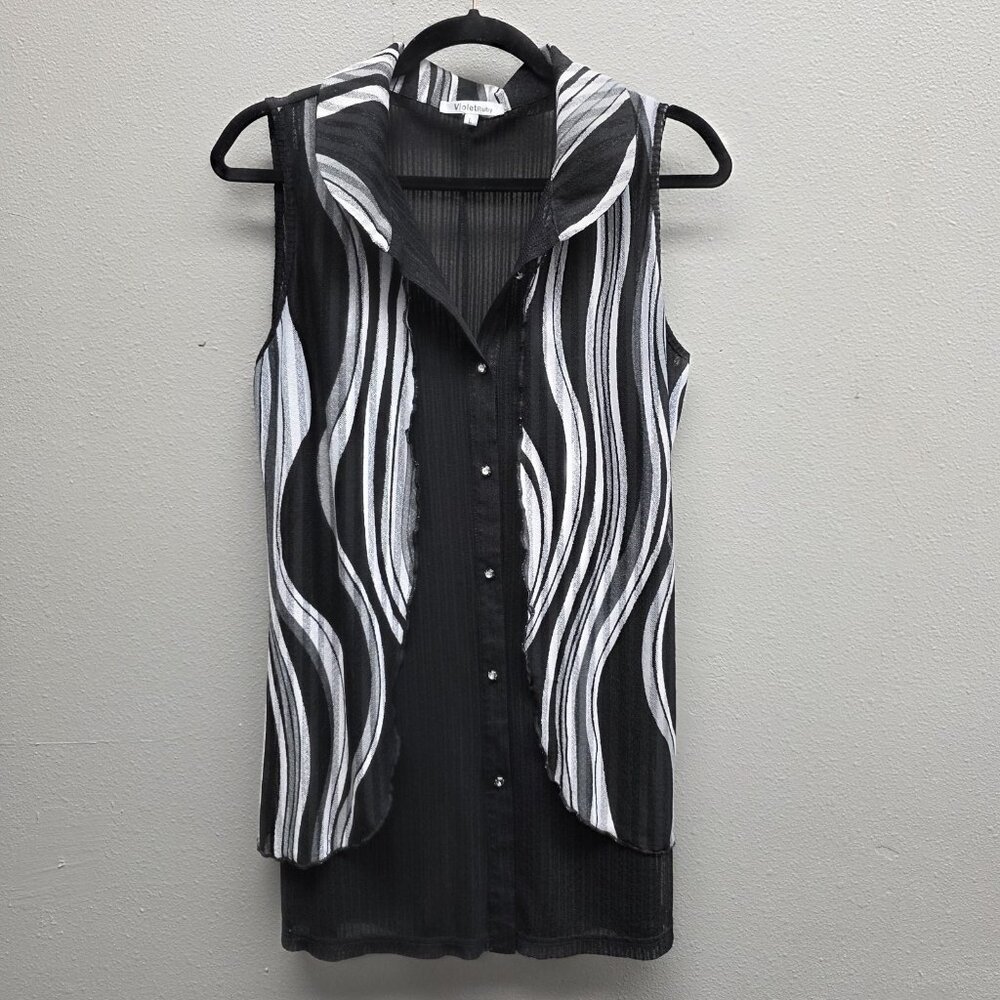 Violet Ruby Shirt Womens Large Sheer Sleeveless Tunic Top Vest Button Black